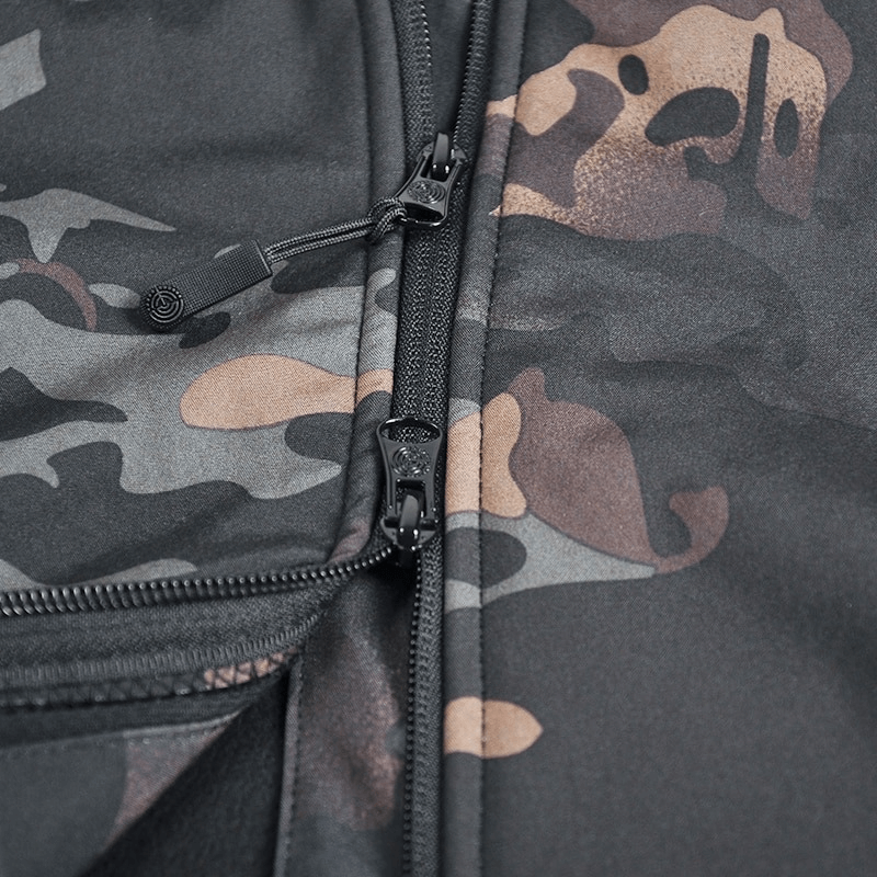 Close-up of Tactical Waterproof Men's Fleece Jacket with camo pattern, featuring zipper and thick waterproof material.