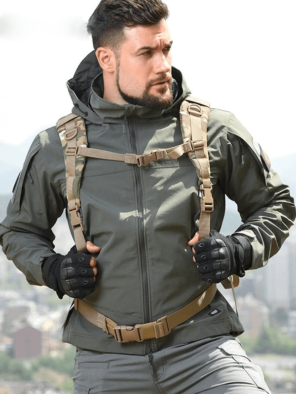 Man wearing Tactical Waterproof Men's Fleece Jacket SF0684 with utility harness, standing outdoors.