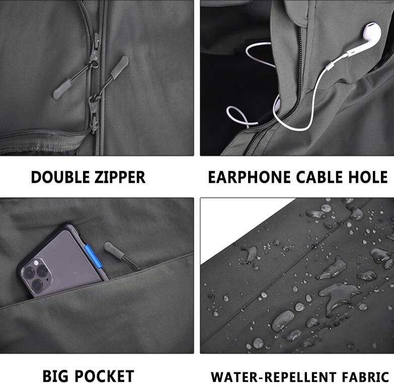 Close-up of tactical waterproof jacket features including double zipper, earphone cable hole, large pocket, and water-repellent fabric.