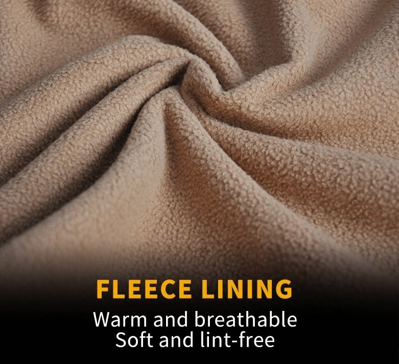 Close-up of soft, beige fleece lining fabric with text highlighting warmth, breathability, and lint-free qualities for jackets.