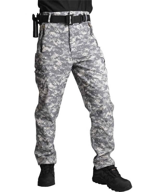Men's tactical waterproof pants in digital camo for outdoor activities, featuring quick-dry and windproof technology.