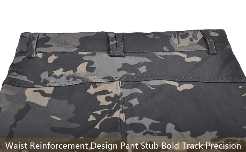 Tactical waterproof pants in camouflage with waist reinforcement design for outdoor activities.