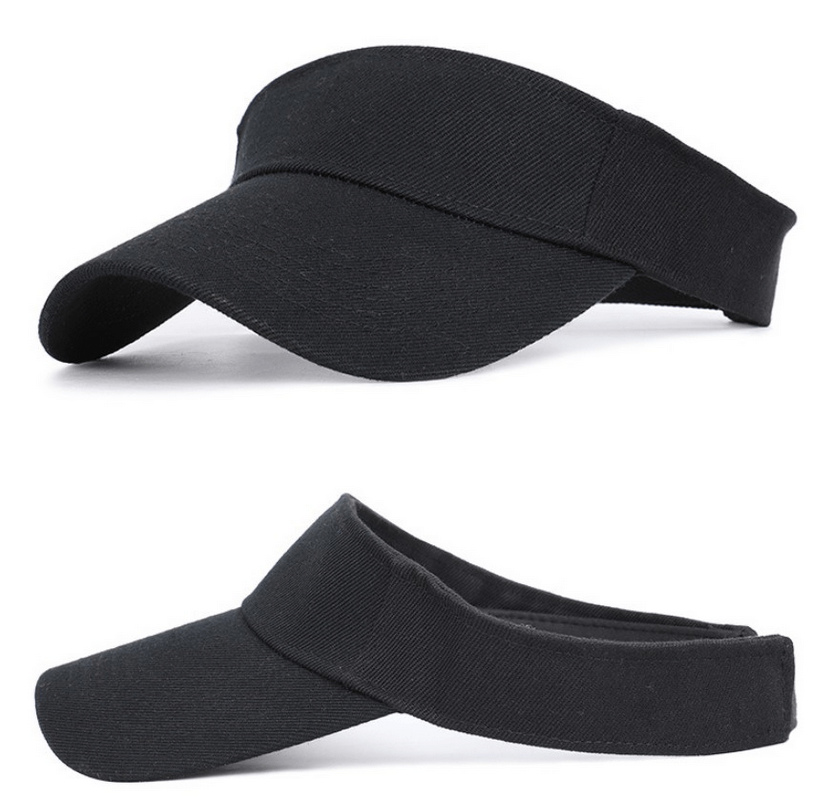 Black tennis golf visor cap with UPF 30+ UV protection, breathable cotton, adjustable fit. Perfect for unisex sports and outdoor activities.