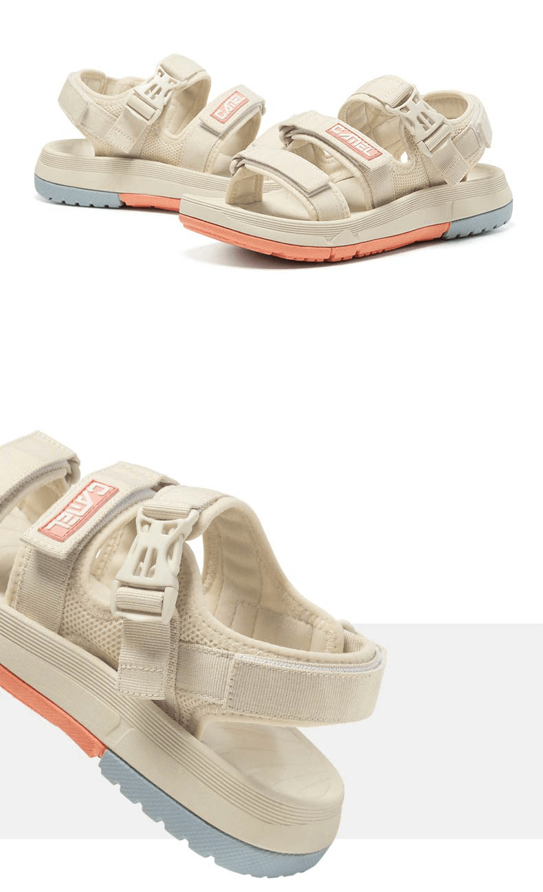 Beige breathable beach sandals for women with thick bottom and durable hook & loop closure.
