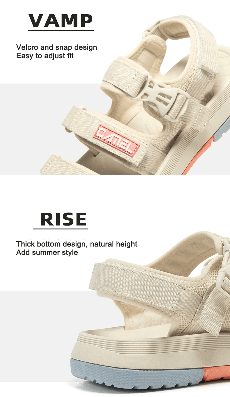 Beige thick bottom breathable beach sandals with velcro, snap design, and stylish stitching for women, perfect for outdoor summer style.
