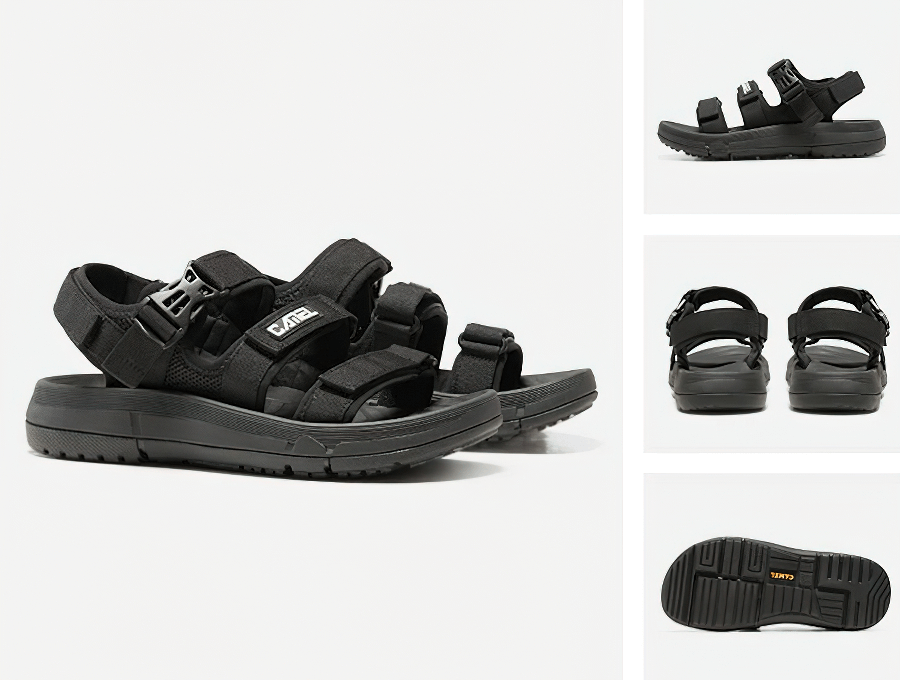 Stylish black women's thick bottom breathable beach sandals with anti-slip sole and hook & loop closure, perfect for outdoor adventures.