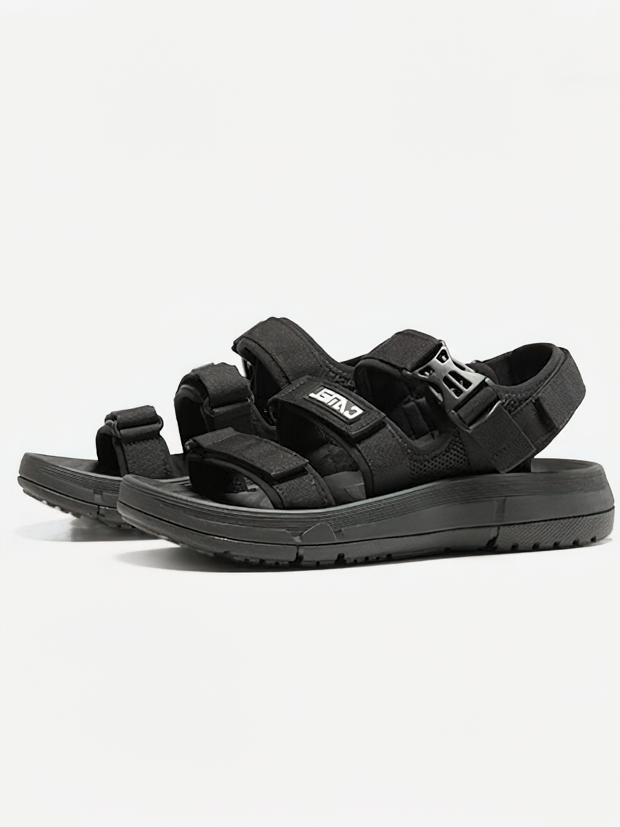 Black breathable women's beach sandals with thick bottoms, featuring anti-slip soles and hook & loop closures for stylish outdoor wear.