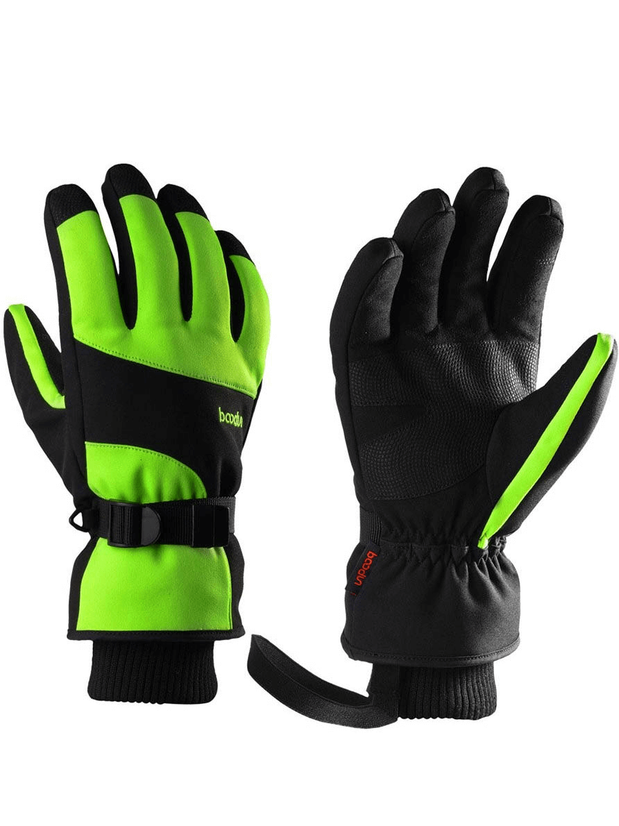 Thick waterproof mountaineering gloves with wrist rope in vibrant green and black, unisex design for outdoor adventures.