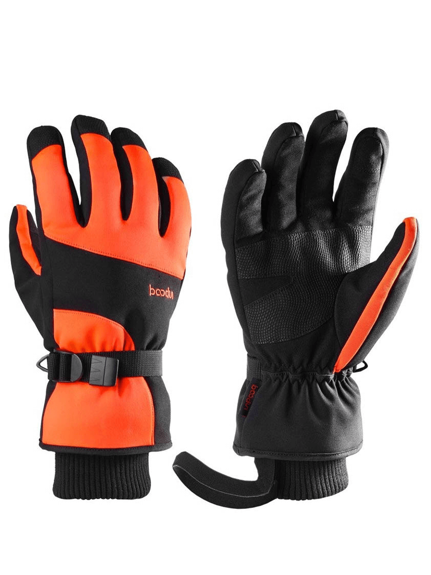 Thick waterproof mountaineering gloves with wrist rope, unisex design, orange and black, ideal for hiking and outdoor sports.