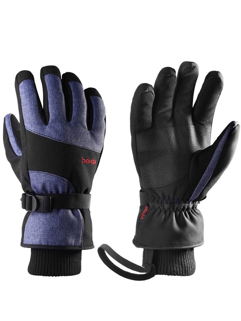 Thick waterproof mountaineering gloves with wrist rope for hiking, unisex design, shown front and back. SF0588.