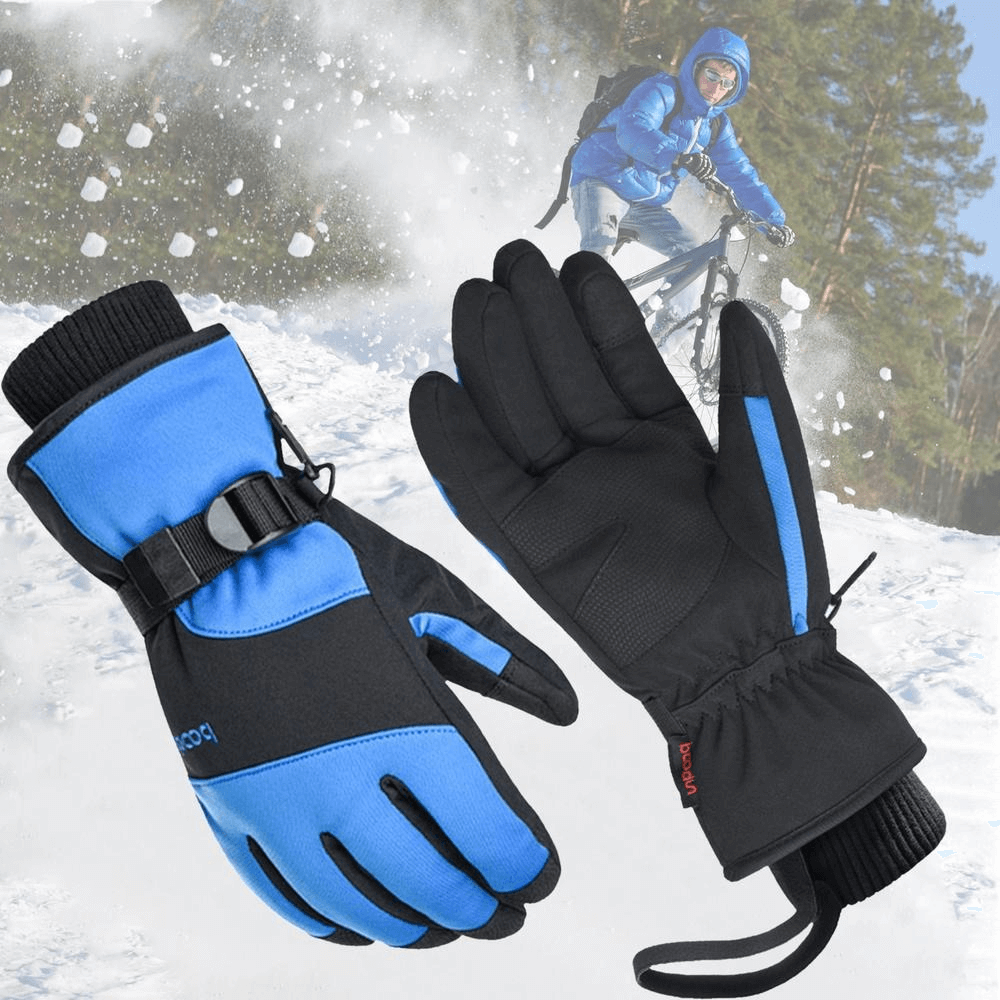 Blue thick waterproof mountaineering gloves with wrist rope for outdoor adventures.