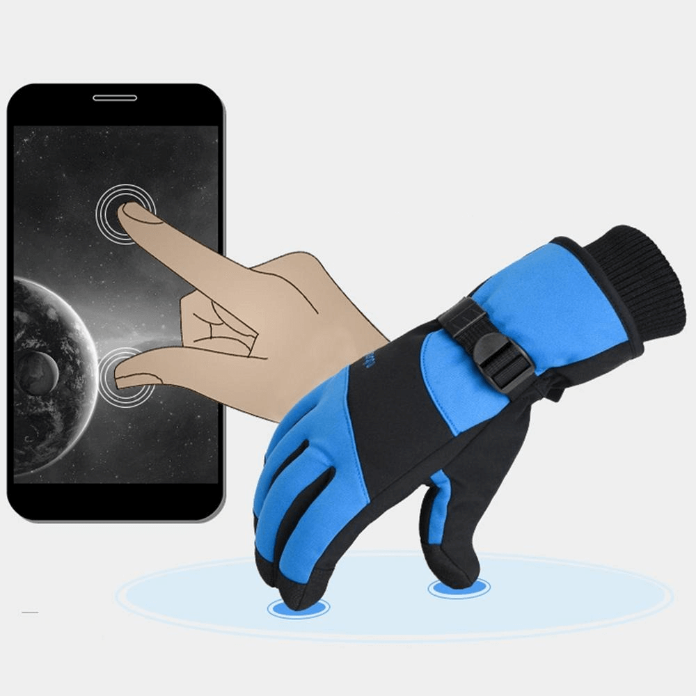 Blue waterproof mountaineering glove with wrist rope, compatible with touchscreens, keeping hands warm and dry for outdoor adventures.