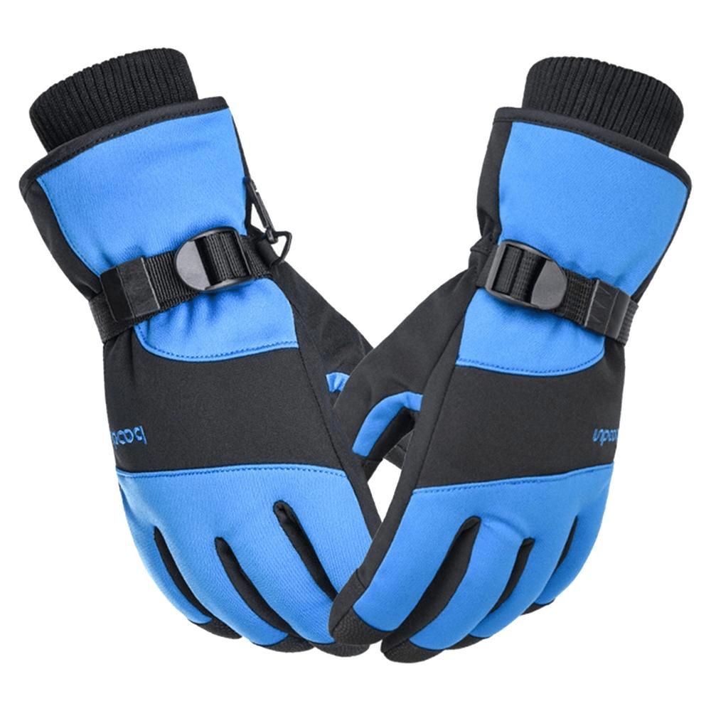 Blue and black thick waterproof mountaineering gloves with wrist rope for all-weather protection.