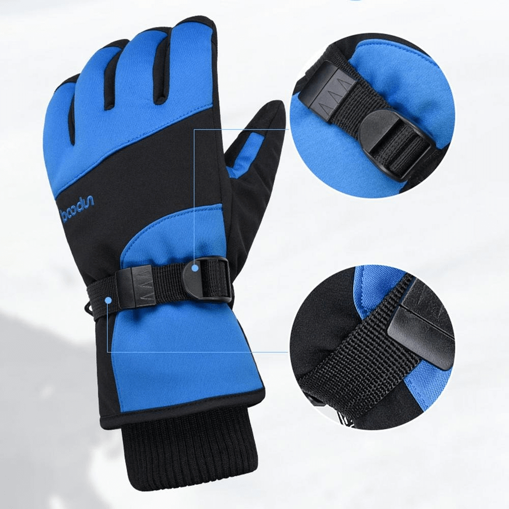 Blue and black thick waterproof mountaineering glove with wrist rope and adjustable straps, ideal for outdoor adventures.
