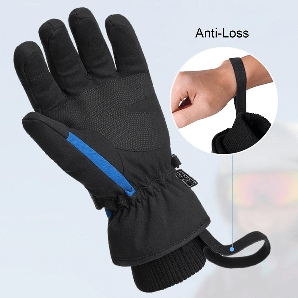 Thick waterproof mountaineering gloves with anti-loss wrist rope, made of spandex, nylon, and leather, perfect for outdoor adventures.