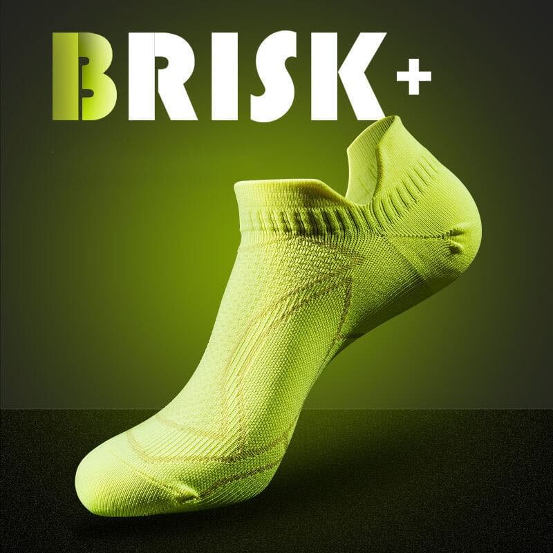 Bright yellow thin anti-slip breathable sports sock for running, labeled Brisk+. Unisex design for comfort and performance.