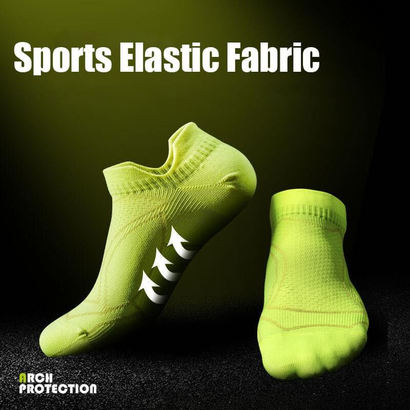 Bright green anti-slip breathable sports socks with arch protection, showcasing elastic fabric for running comfort and support.