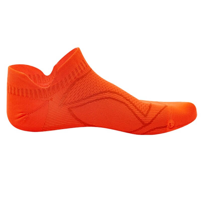 Bright orange thin anti-slip breathable running socks for men and women, showing mesh design and low-cut style for enhanced comfort.