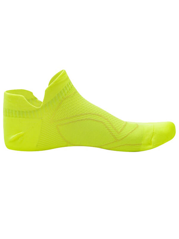 Thin anti-slip breathable yellow sports sock for running, unisex design, lightweight polyester and spandex blend, side view.