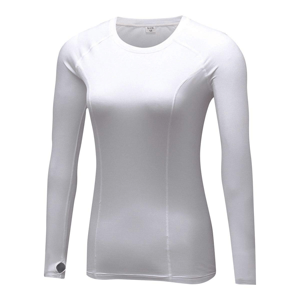 White thumb hole design running top for women in polyester and spandex, featuring a quick dry, breathable, and sweat-wicking fabric.