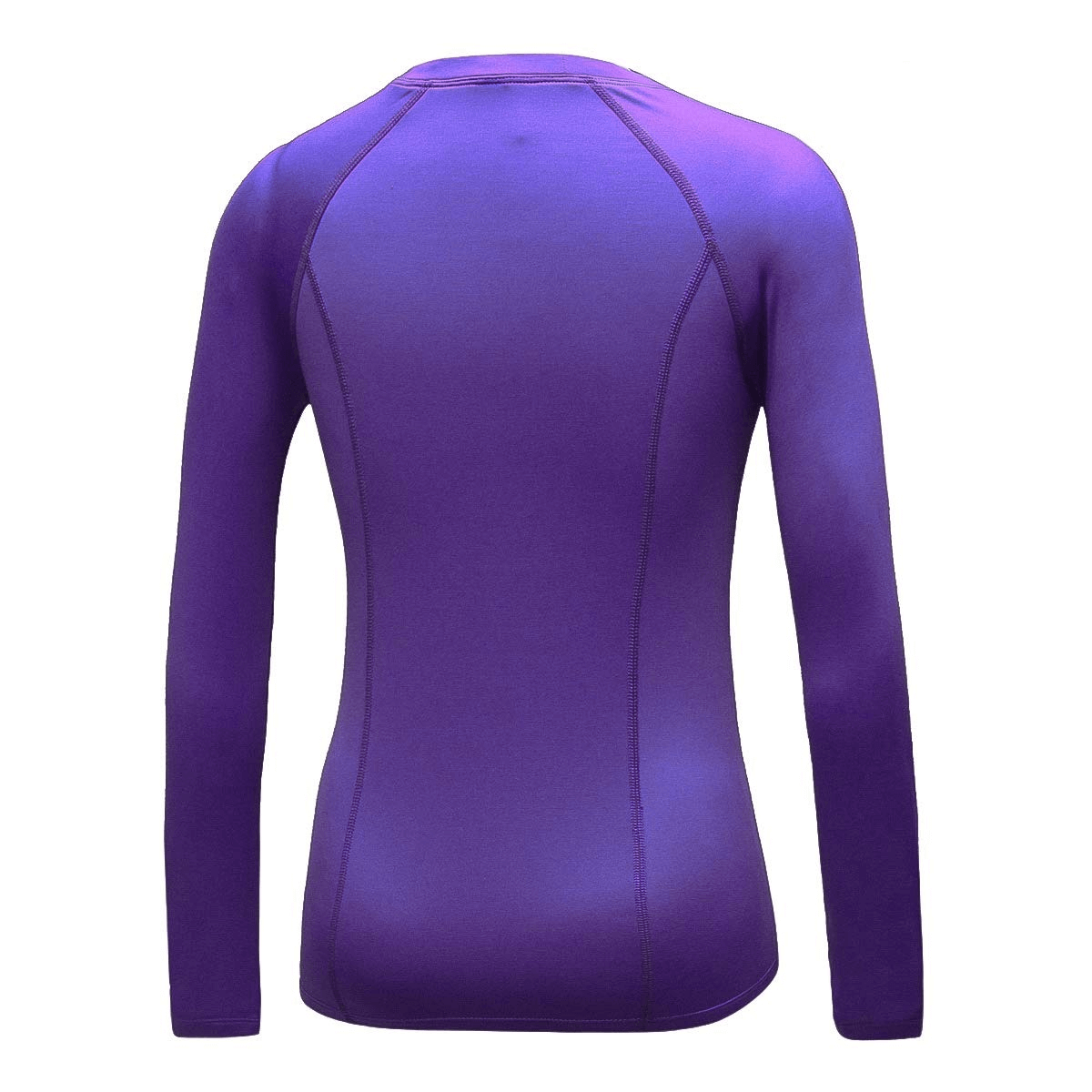 Purple women's compression running top with thumb holes, O-neck, and full sleeves, ideal for workouts, sweat-wicking fabric.