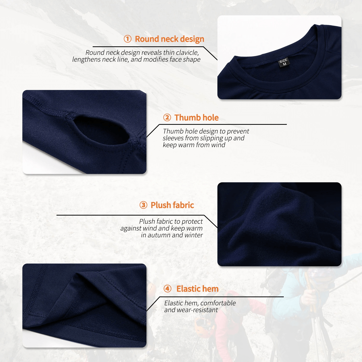 Close-up of women’s running top detailing thumb hole, plush fabric, elastic hem, and round neck design for warmth and comfort.