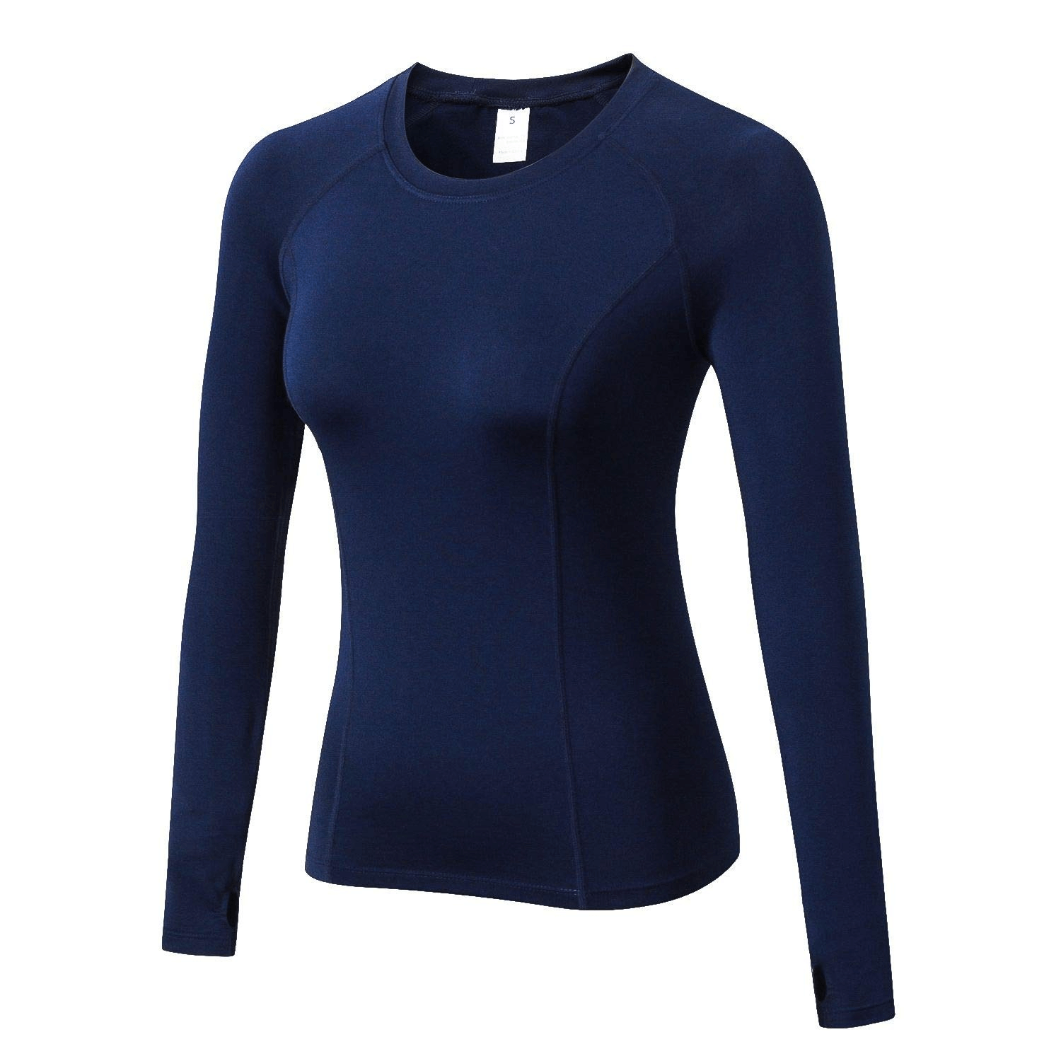 Women's thumb hole design running warm top in navy blue with full sleeves and quick-dry fabric for fitness and workouts.