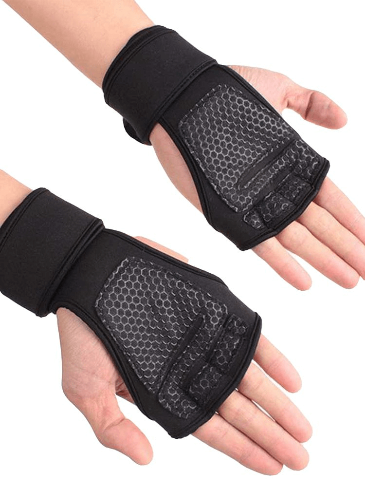 Unisex training gloves with non-slip design for weightlifting and cycling, featuring elastic fabric for palm protection and comfort.