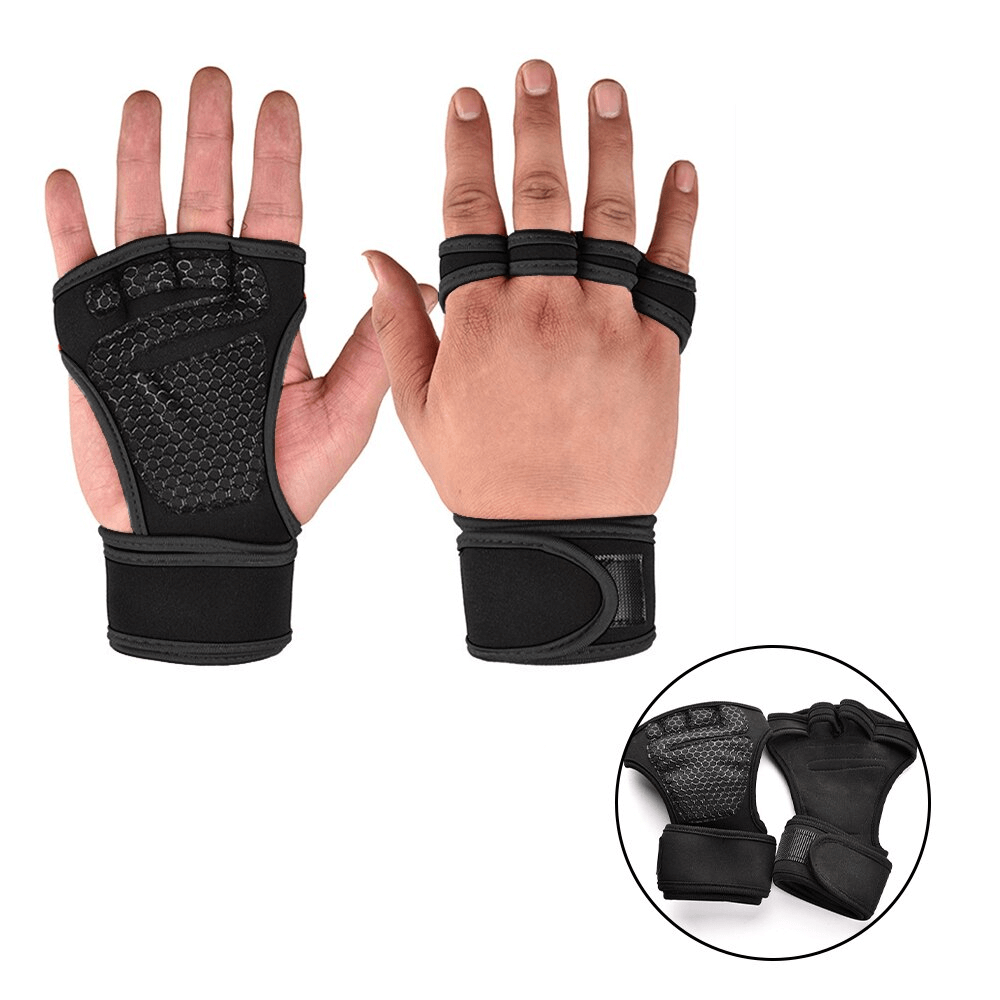 Training non-slip elastic gloves protecting palms for weightlifting and cycling, displayed with open and closed view. SF0898