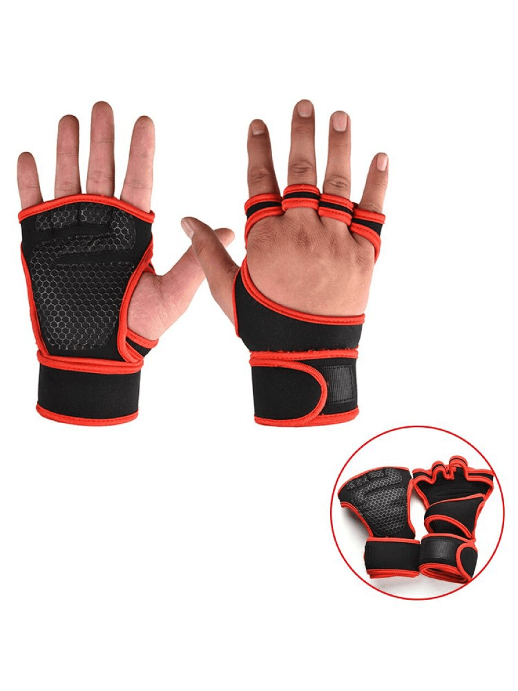 Unisex non-slip elastic gloves for weightlifting and cycling, black with red trim, palm protection design.