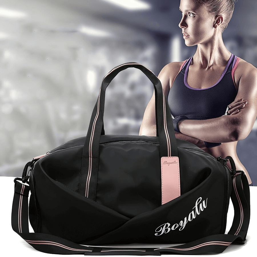 Durable waterproof gym handbag with straps for active women, ideal for sports activities, featuring specialized shoe pockets and 20-35L capacity.