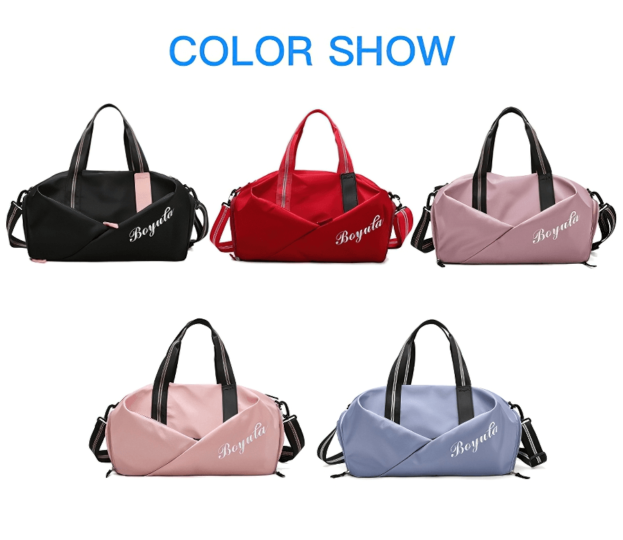Colorful sports waterproof crossbody gym bags in black, red, pink, and blue, featuring durable nylon construction and convenient pockets.