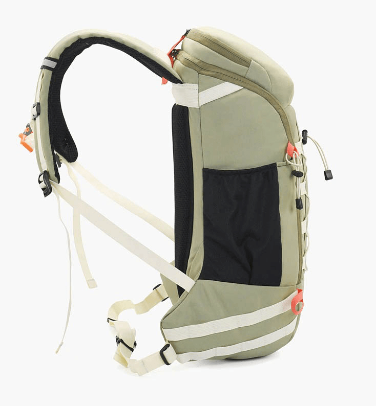 Side view of a 40L travel backpack with rain cover, featuring a soft handle and open pocket. Ideal for outdoor sports and unisex use.