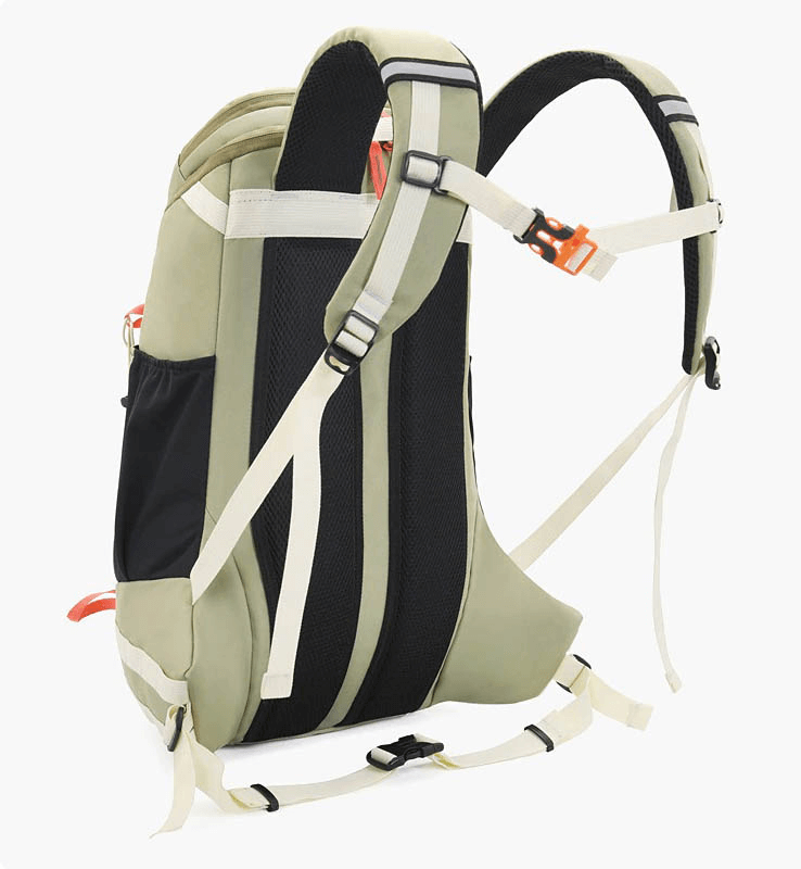 Back view of 40L travel backpack with adjustable straps, rain cover, and open pocket, ideal for outdoor adventures, SF0330 model.