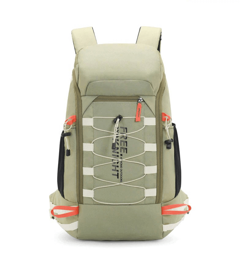 Stylish 40L travel backpack in beige with rain cover, outdoor sports bag, featuring soft handle, zipper closure, and open pocket.
