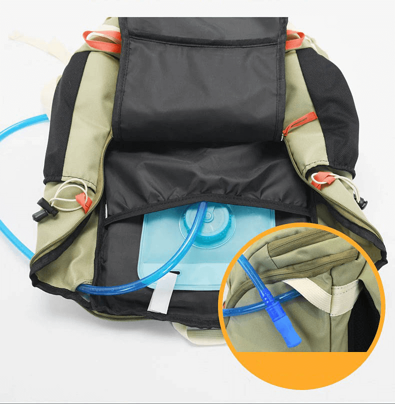 Open Travel Backpack 40L with hydration pack, interior view showing blue hose and compartment. Perfect for outdoor adventures.