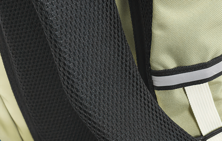 Close-up of the black strap and fabric detail on a Travel Backpack 40L, highlighting durability and style for outdoor adventures.