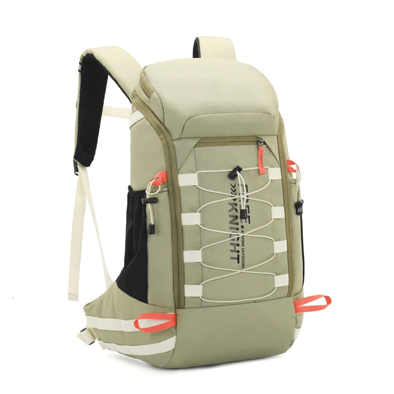 Olive green travel backpack 40L with rain cover, perfect for outdoor sports, featuring multiple pockets and stylish design.