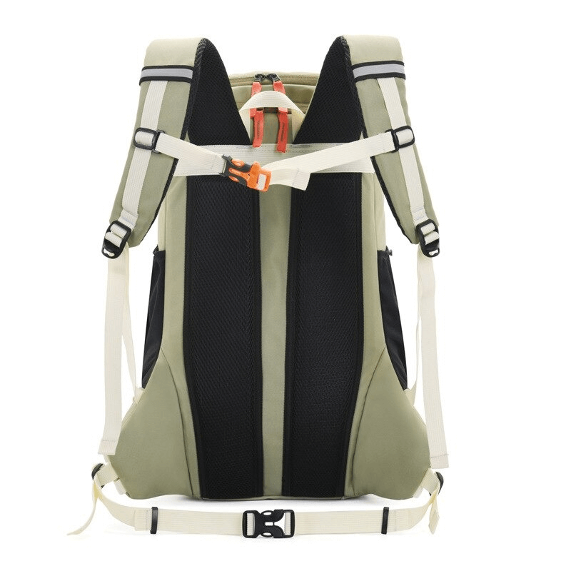 Back view of a Travel Backpack 40L with rain cover, featuring padded straps and buckle closure, perfect for outdoor sports.