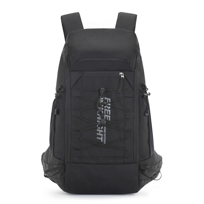Sleek black 40L travel backpack with rain cover, ideal for outdoor sports, featuring zipper closure and soft handle.