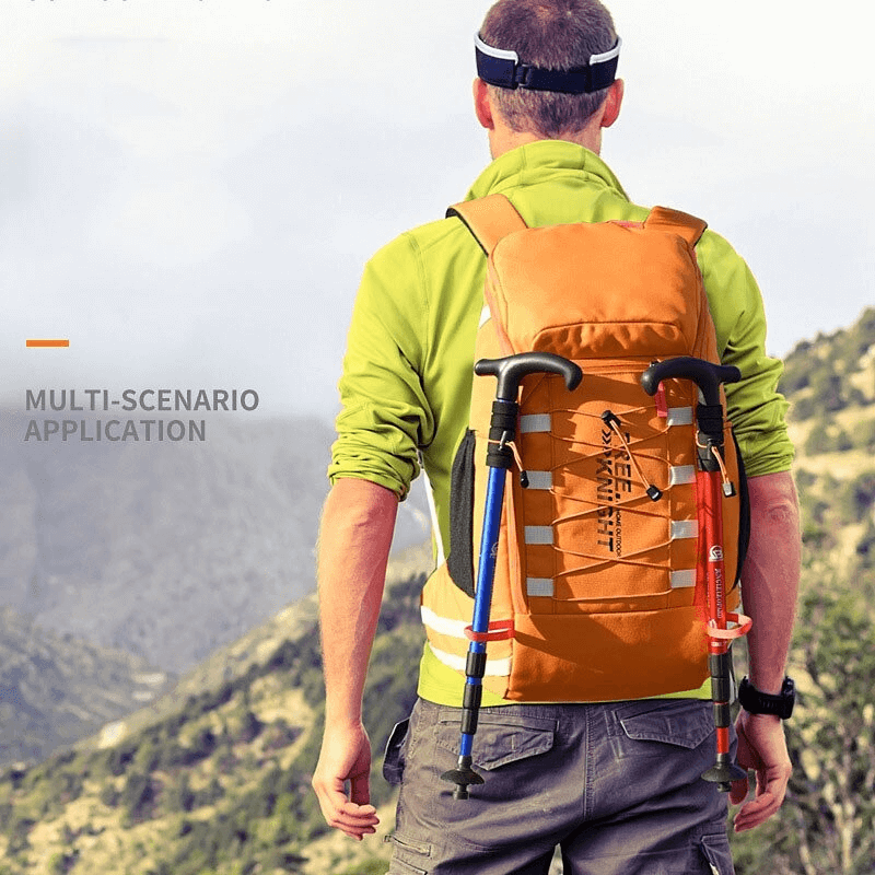 Man wearing orange travel backpack with walking poles on a scenic hike, showcasing multi-scenario application.