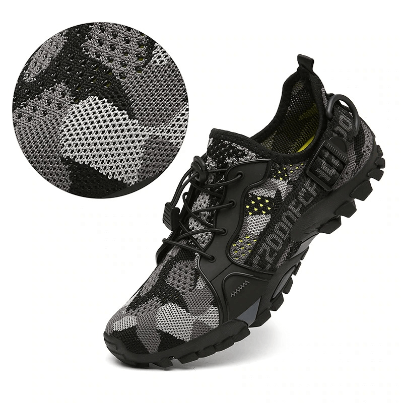 Trekking Flexible Hiking Boots SF0276, unisex breathable design, stretchy fabric, rubber soles, black and gray pattern.