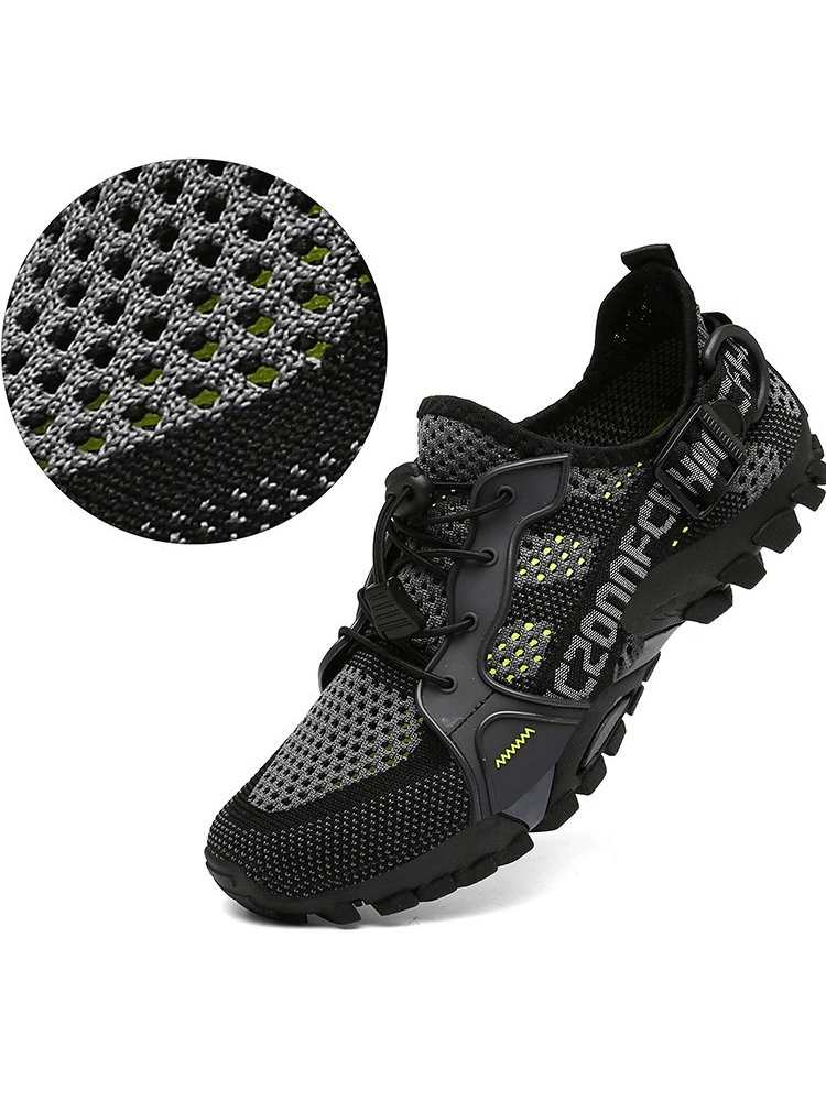 Trekking flexible hiking boots with breathable mesh design, rubber soles, and stretch fabric. Ideal for comfort and performance.