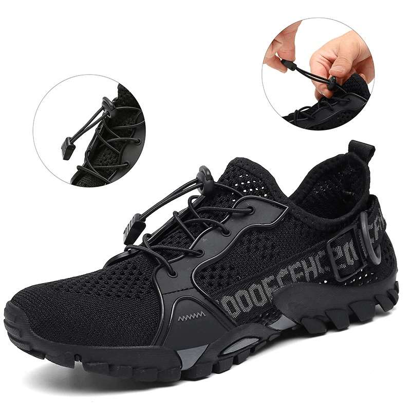 Black trekking hiking boots with breathable mesh and flexible rubber sole, featuring adjustable laces and durable design - SF0276