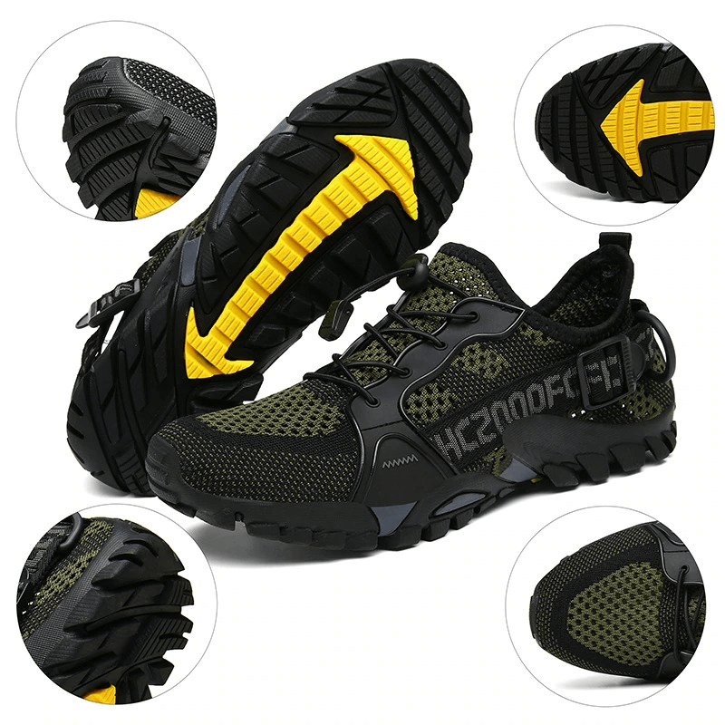 Trekking Flexible Hiking Boots SF0276 in black and yellow, showcasing breathable mesh and durable rubber soles.