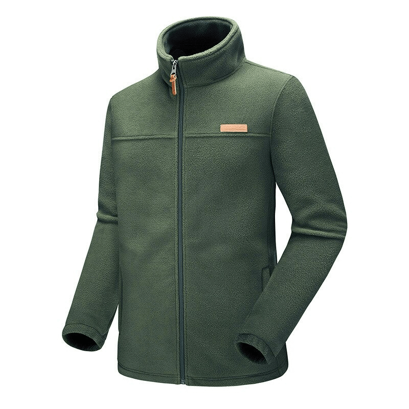 Men's green high collar fleece jacket with zipper and pockets, SF0230, windproof, breathable, perfect for trekking adventures.
