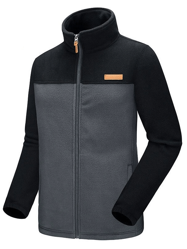 Trekking men's high collar zipper fleece jacket, black and gray with pockets, windproof and breathable design, perfect for hiking.