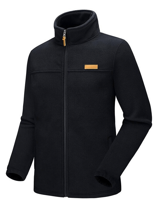 Men's high-collar fleece jacket with zipper and pockets, SF0230. Black, windproof, breathable, perfect for trekking and outdoor adventures.