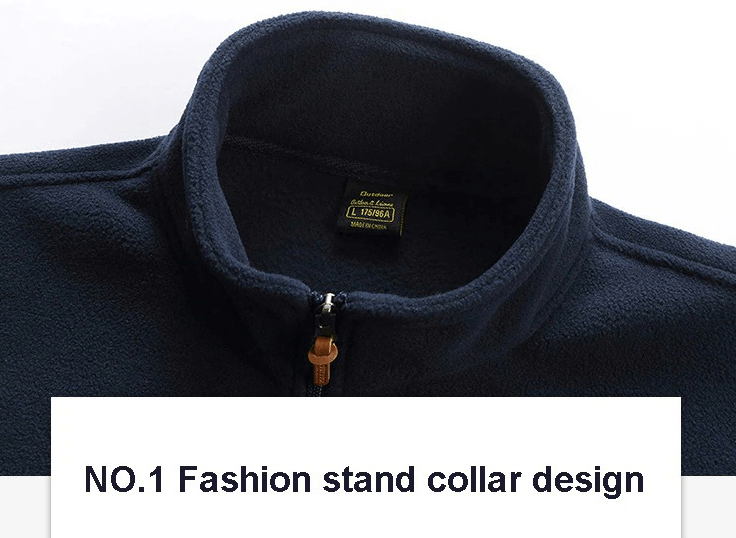 Close-up of a men's high collar fleece jacket with zipper, featuring a fashion stand collar design for trekking adventures.