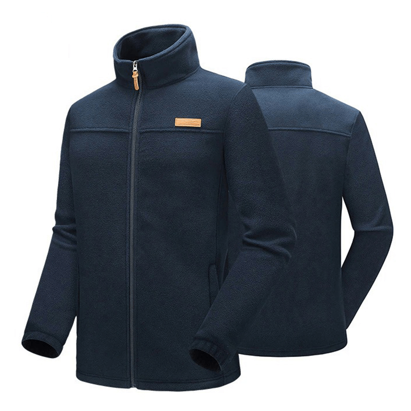 Men's high-collar zipper fleece jacket with pockets, windproof and breathable, ideal for trekking and outdoor adventures.